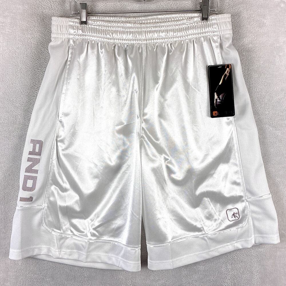 VTG AND1 Dazzle Shorts Mens L White Basketball Shiny Silky Mesh Gym Y2K